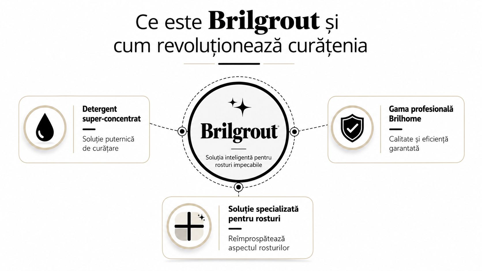 Diagramă explicativă despre Brilgrout, detergentul profesional super-concentrat pentru curățarea și reîmprospătarea aspectului rosturilor din casă.