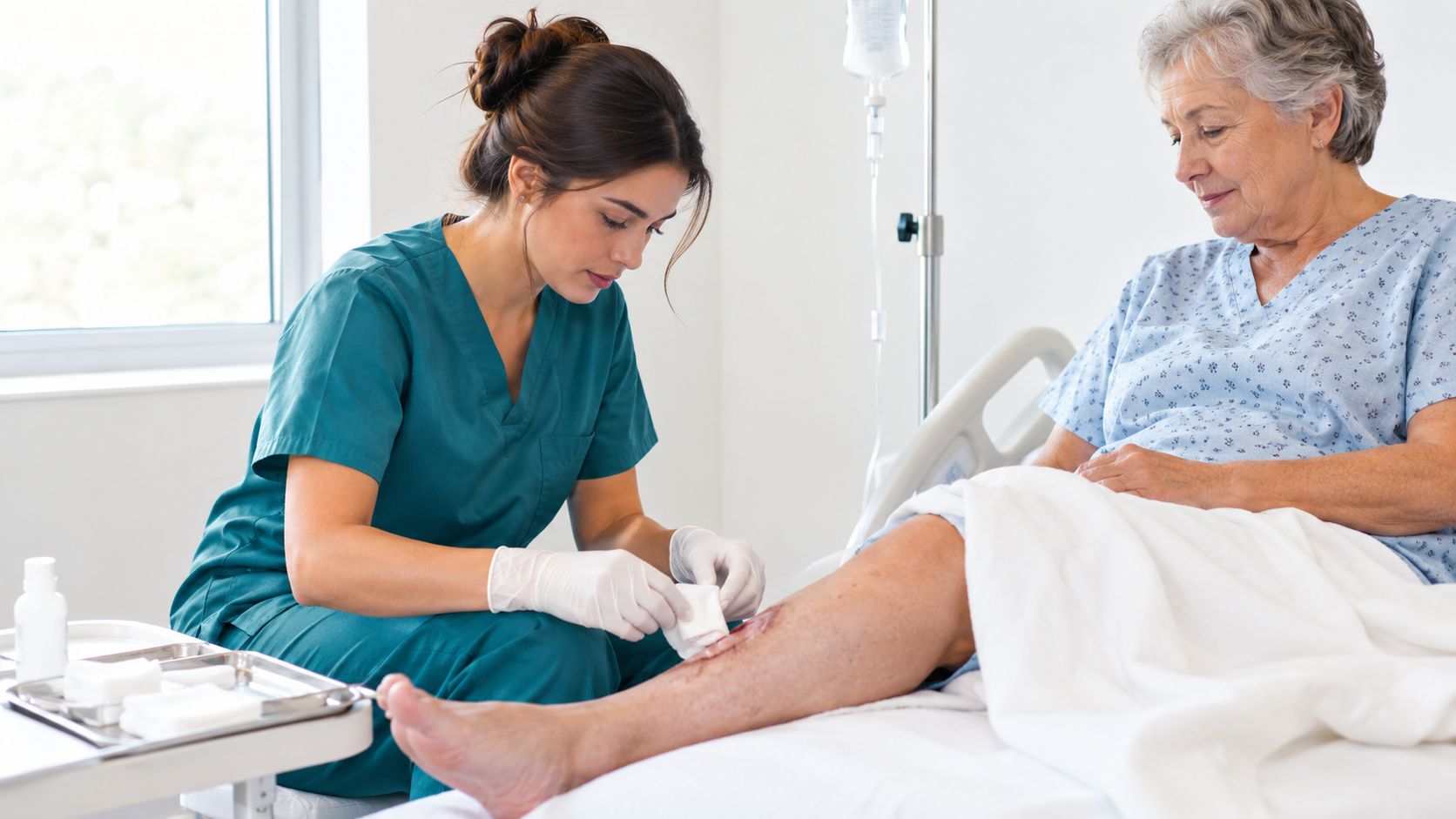 A professional nurse in green scrubs dressing a wound on an elderly patient's leg in a hospital.