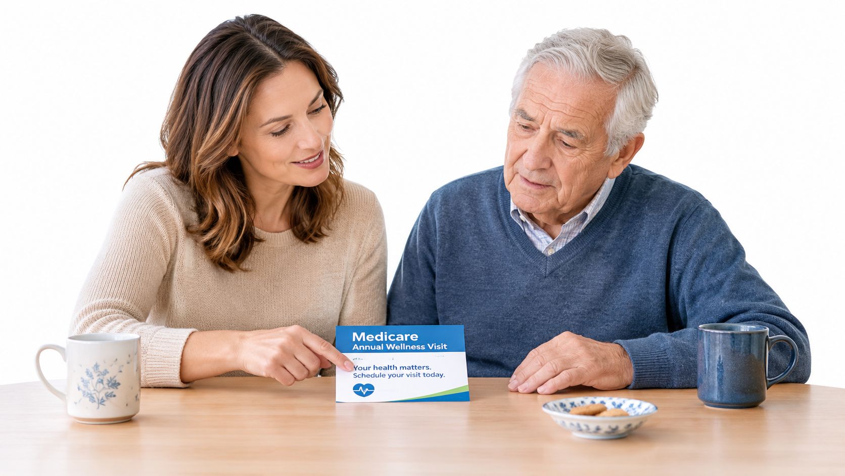 A woman helping an elderly man review a pamphlet about a Medicare annual wellness visit together.
