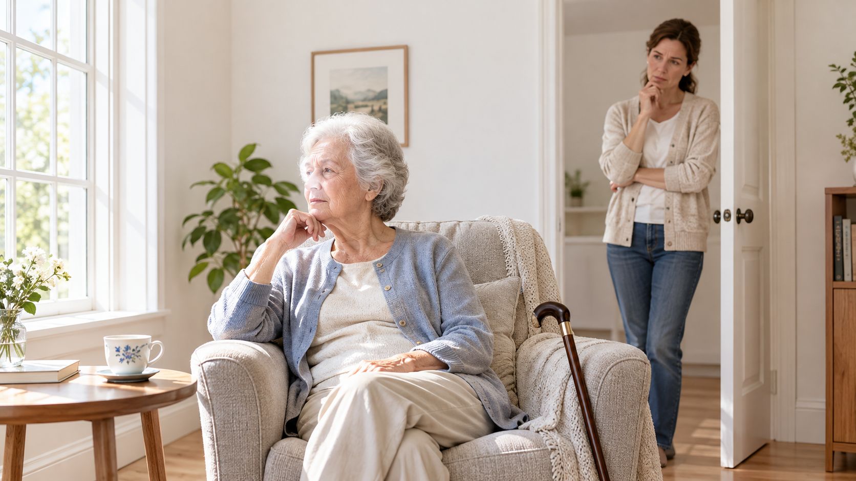 An elderly woman sits in a chair by a window while a concerned woman watches from the doorway.