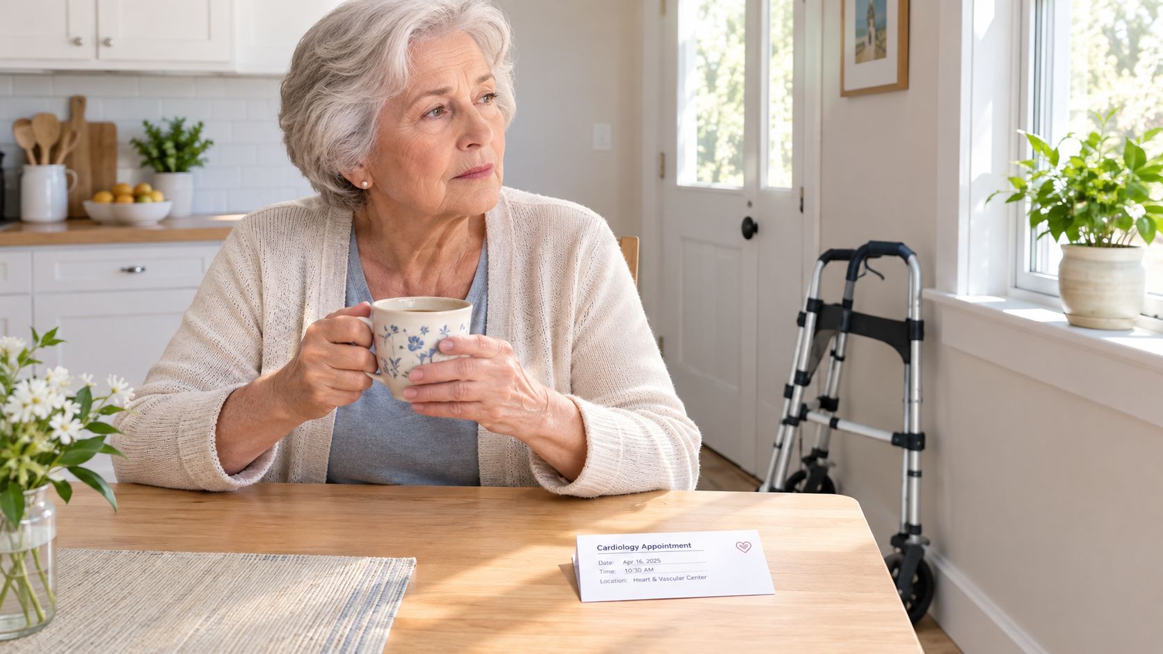 An elderly woman sits at a wooden kitchen table, holding a mug while looking out the window.