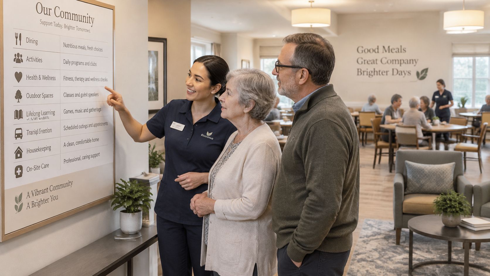 A staff member showing assisted living amenities to an elderly couple in a community facility.