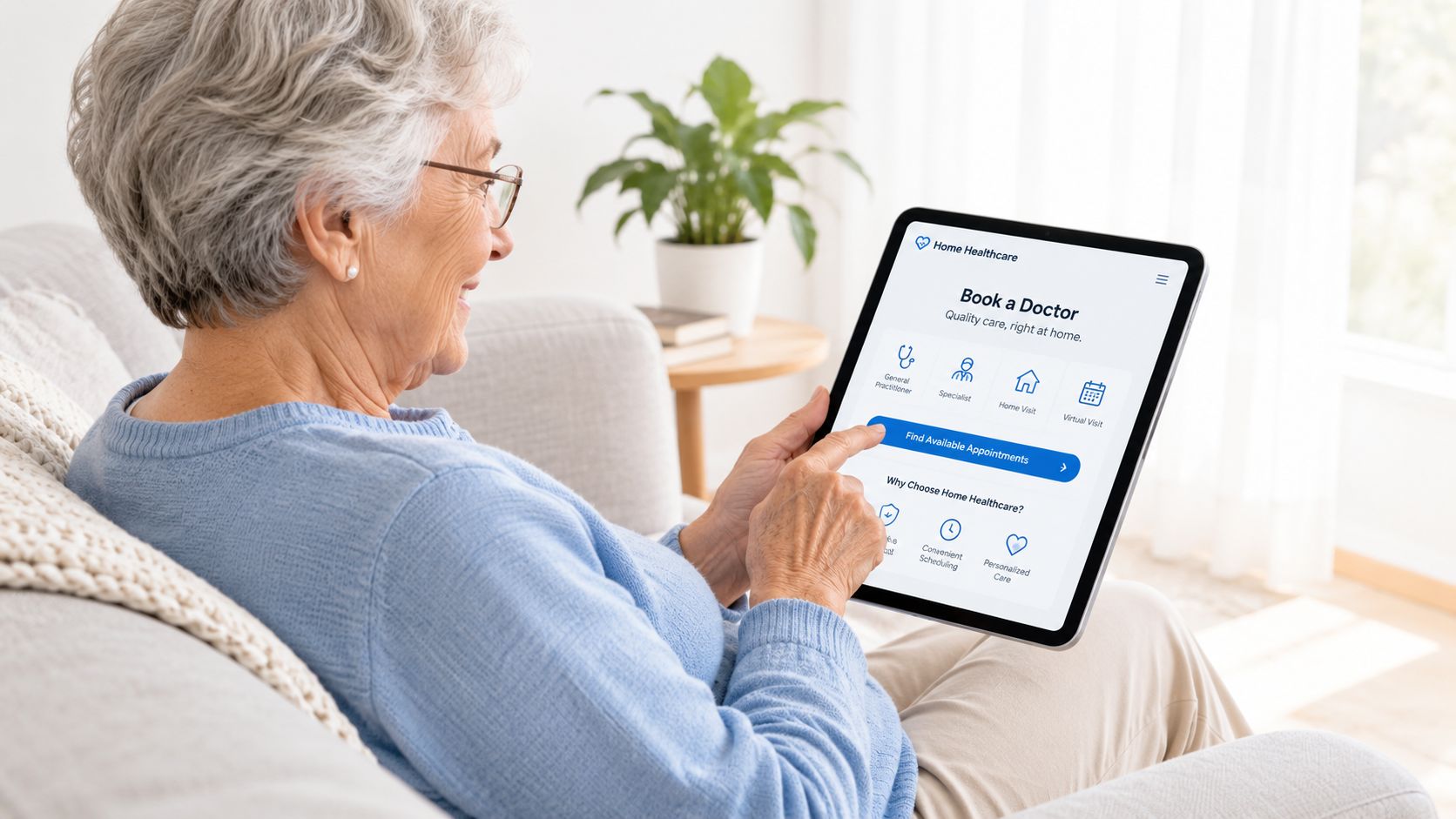 An elderly woman smiling while using a tablet to book a doctor for a home visit.