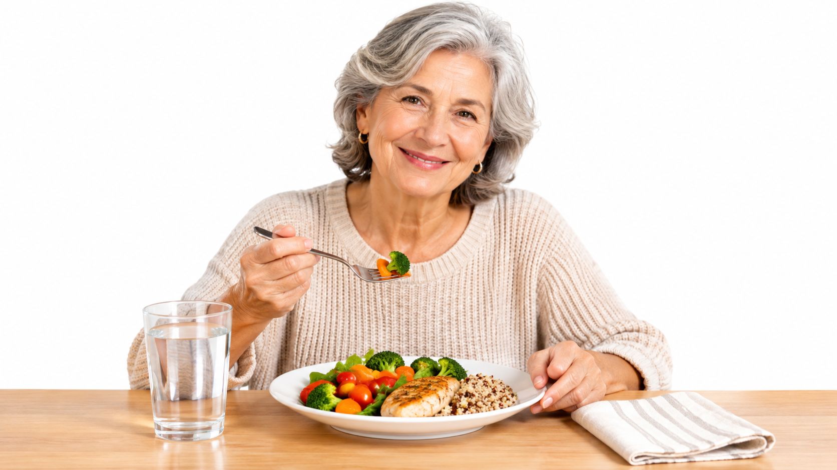 A smiling senior woman enjoying a healthy balanced meal of grilled chicken, vegetables, and grains.