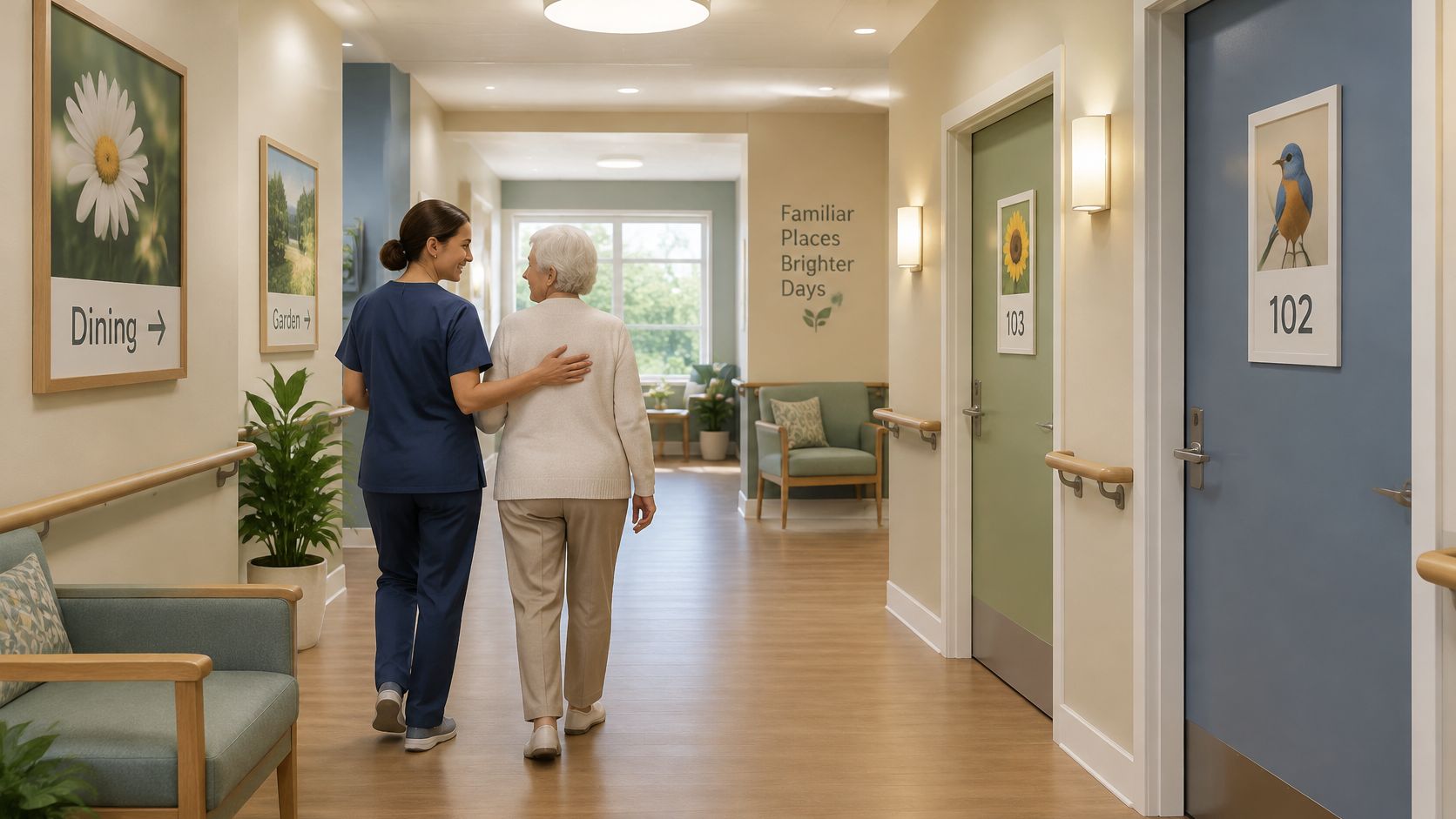 A kind caregiver assists an elderly resident while walking down a well-lit, comfortable memory care facility hallway.