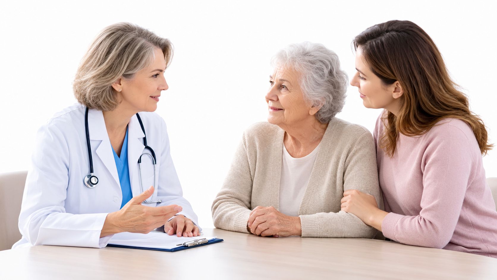 A female doctor talking to an elderly woman and her daughter during a medical consultation.