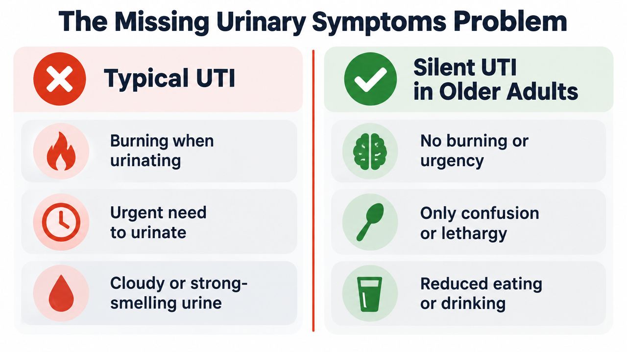 A comparison chart showing symptoms of a typical UTI versus a silent UTI in older adults.