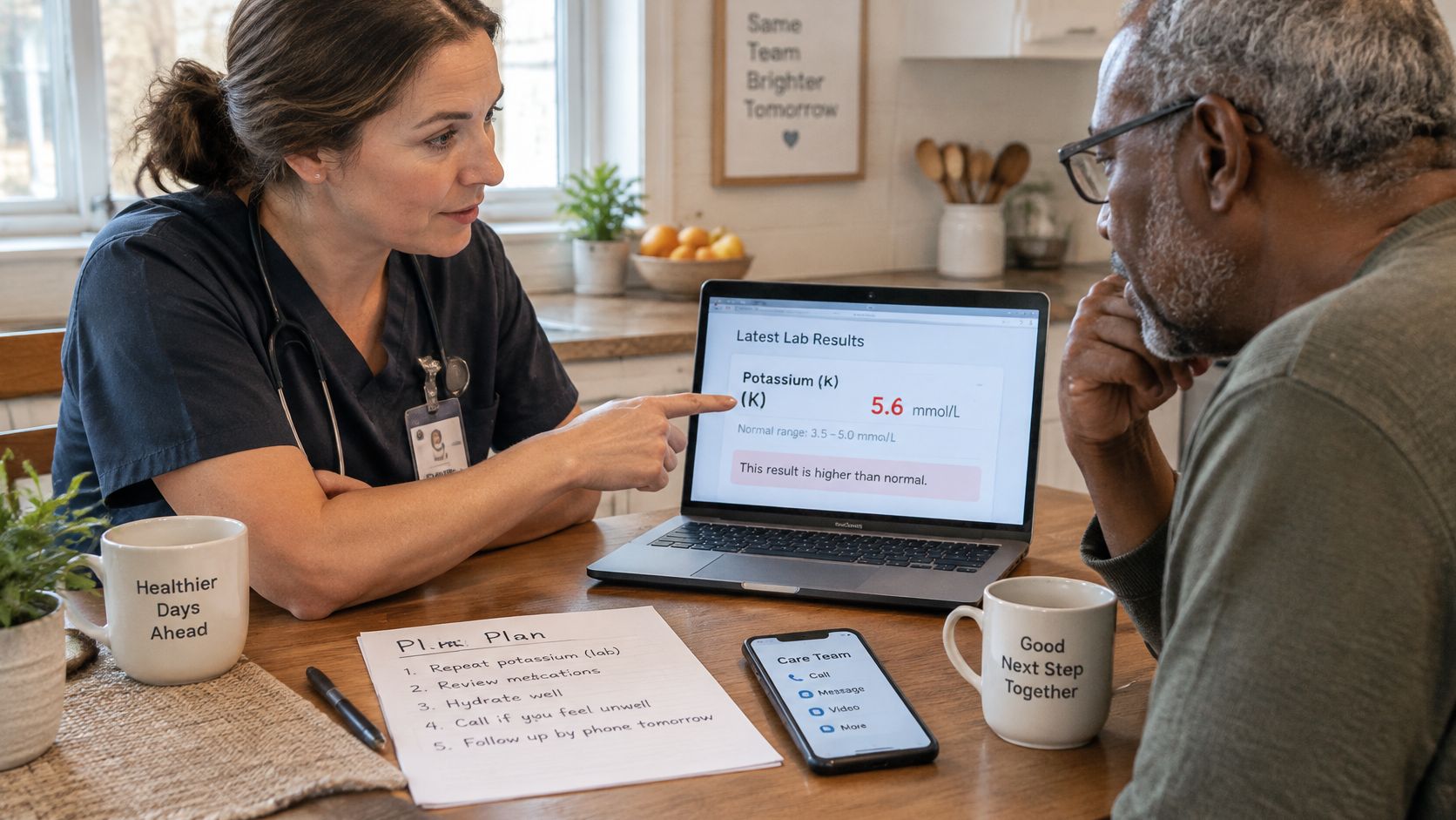 A female healthcare provider discussing high potassium lab results on a laptop with an elderly male patient.
