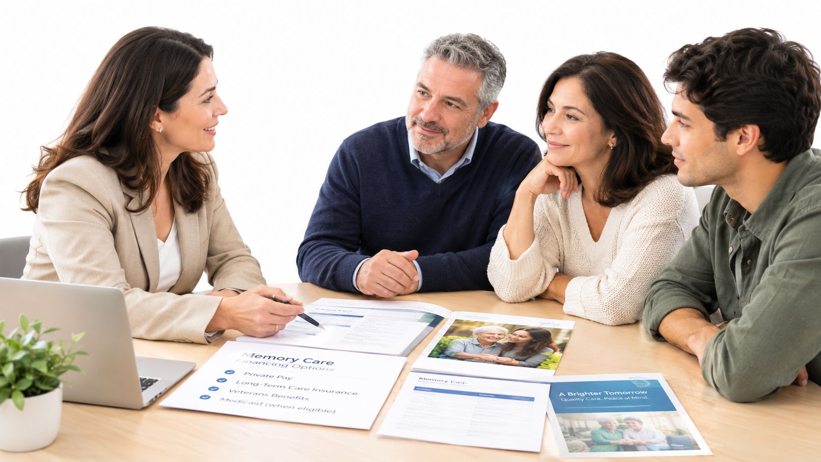 A professional consultant explains memory care financing options to a middle-aged couple and their adult son.