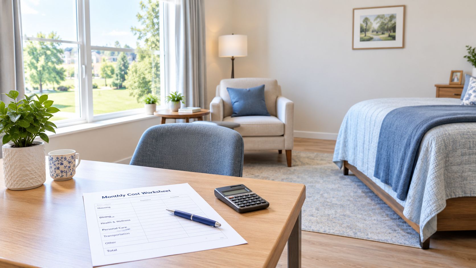 A wooden desk with a monthly cost worksheet, calculator, and blue pen inside a senior living apartment.