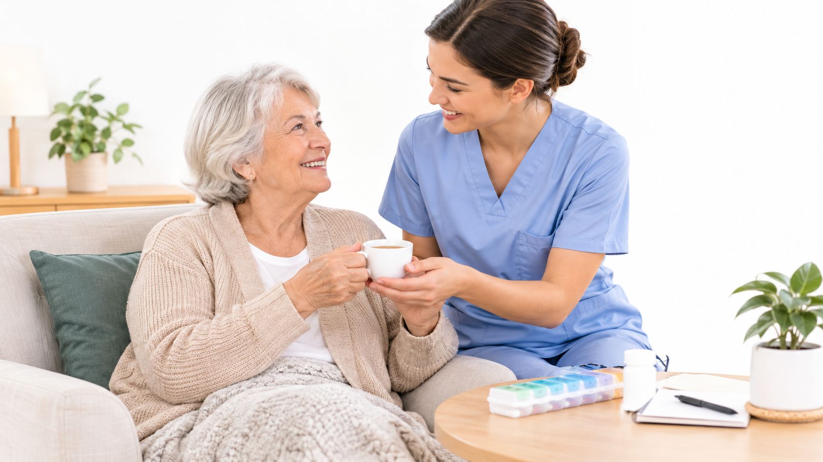 A friendly caregiver serving a warm cup of coffee to an elderly woman in her cozy home.