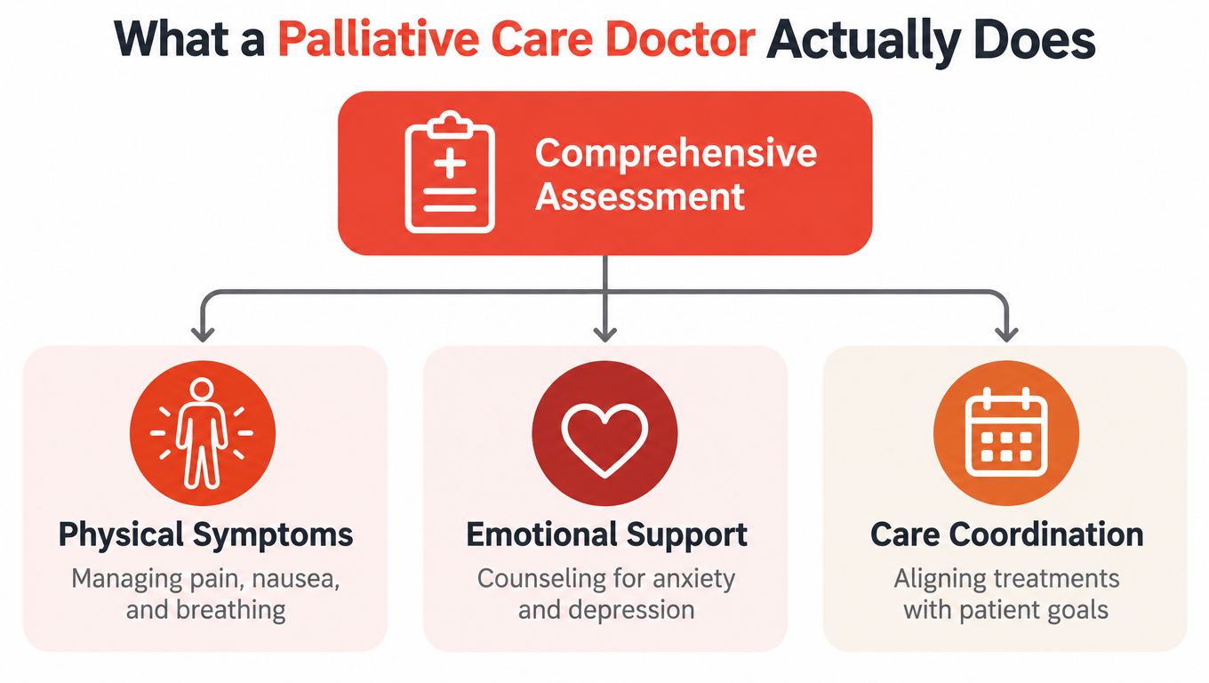 An infographic showing that a palliative care doctor provides comprehensive assessment, physical symptoms management, emotional support, and care coordination.