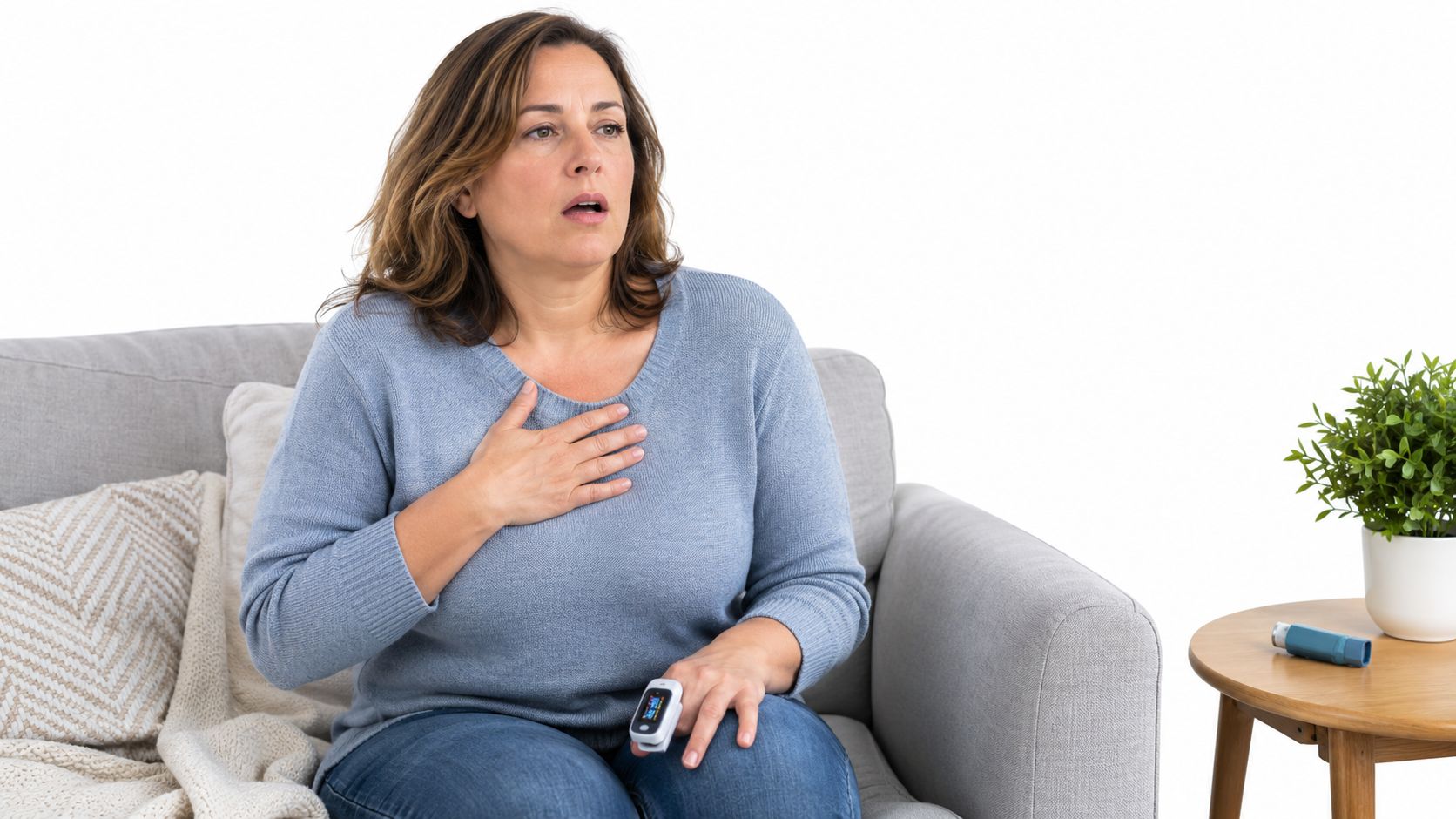 A woman sitting on a couch showing early warning signs of respiratory distress while monitoring her oxygen.