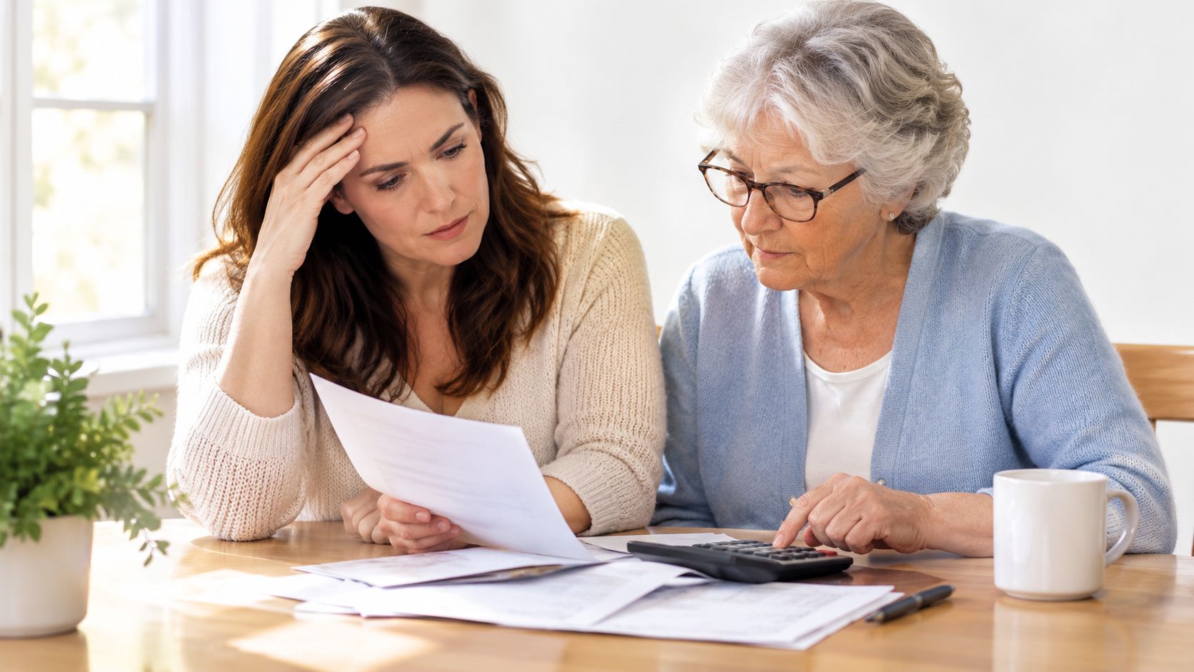 A concerned adult daughter and her elderly mother sitting at a table reviewing financial documents together.