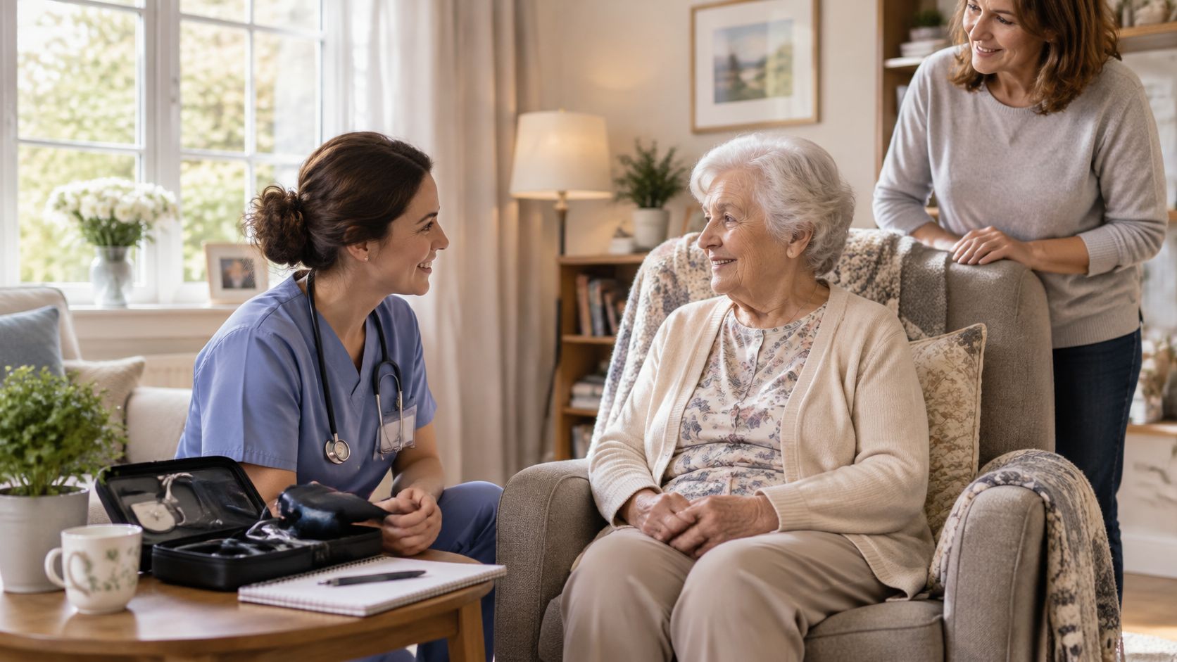 A friendly nurse visiting an elderly woman in her home for a health consultation and checkup.