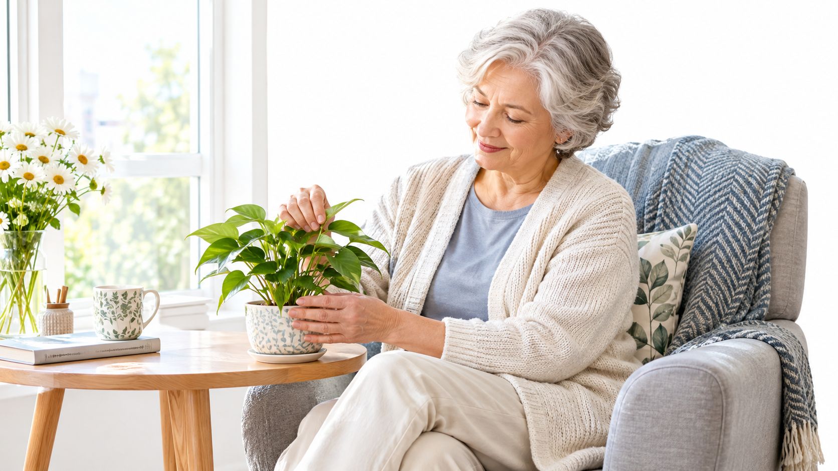 A serene elderly woman with gray hair smiles while caring for a houseplant in a sunlit room.