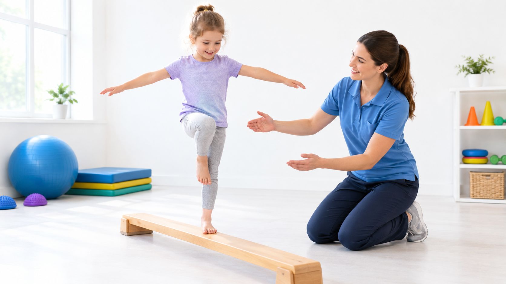 A pediatric physical therapist assists a young girl balancing on a wooden beam in a clinic.