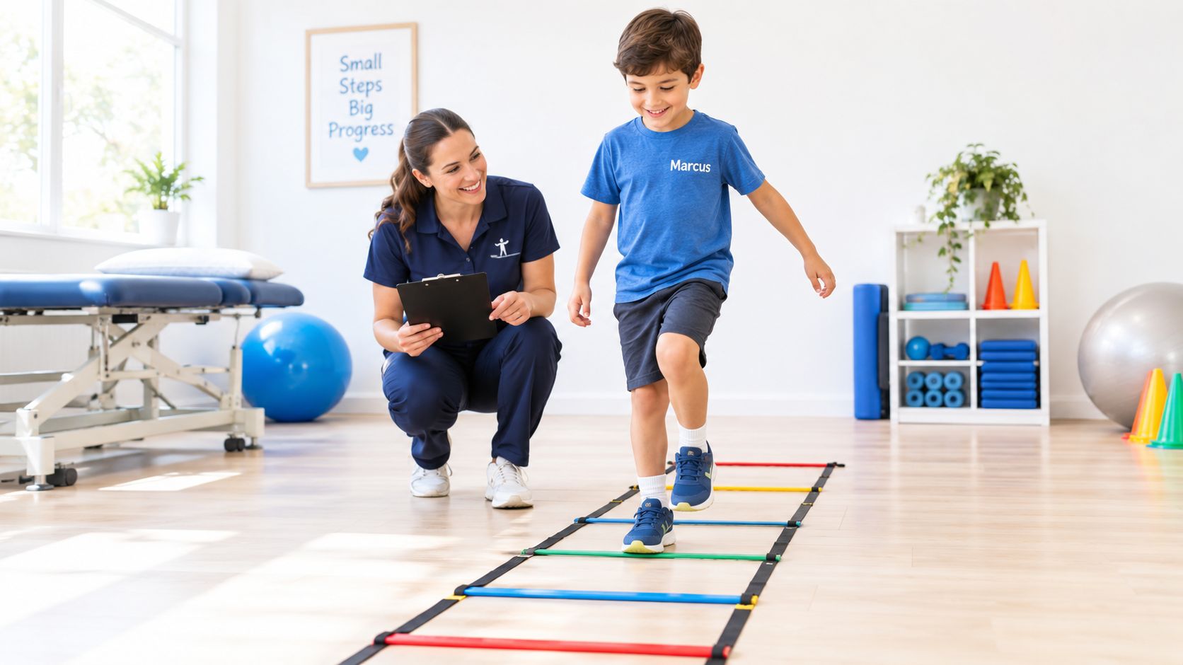 A pediatric physical therapist observes a young boy exercising on an agility ladder in a bright clinic.