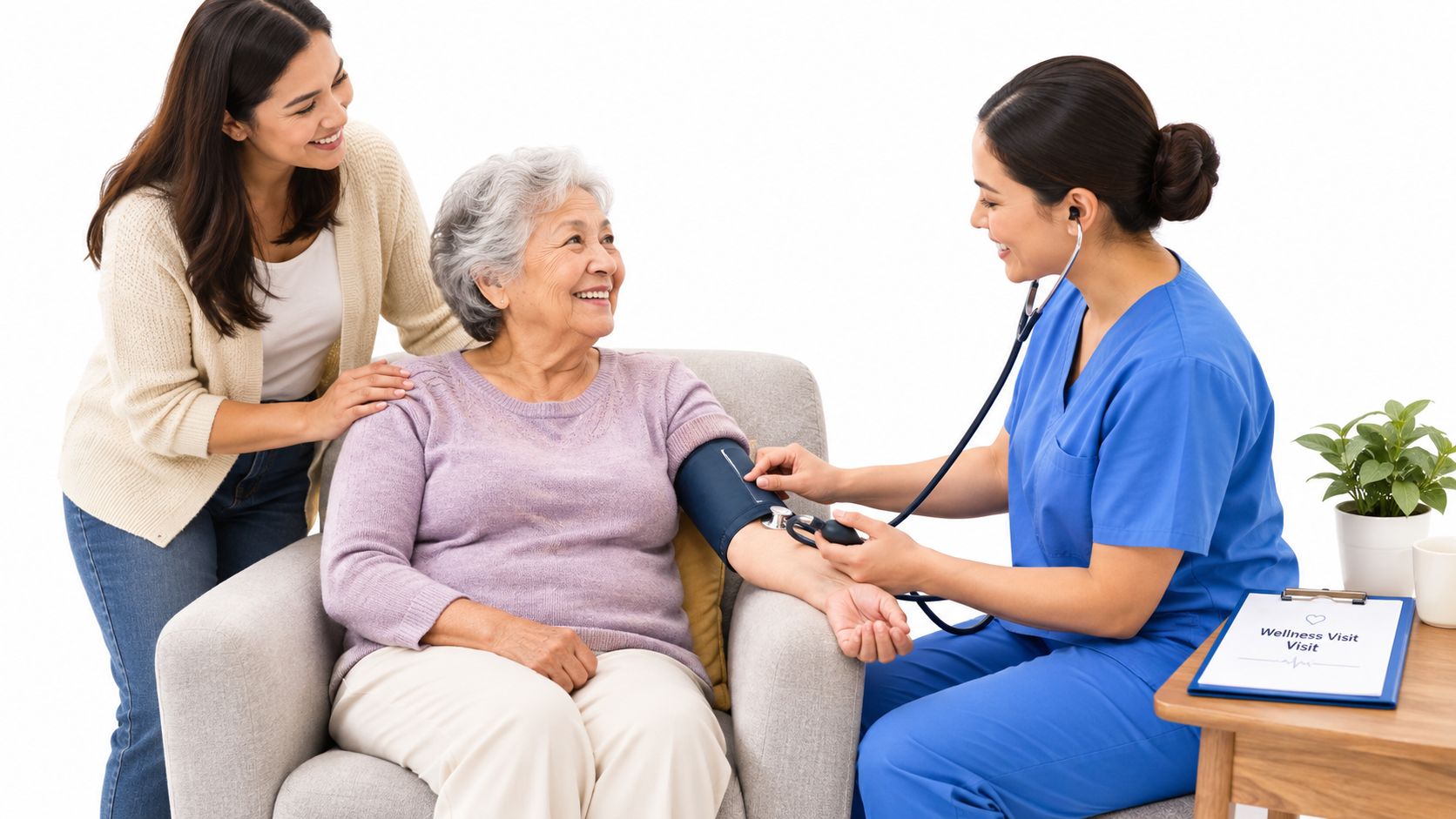 A healthcare professional checking the blood pressure of a happy elderly woman during a medical wellness visit.