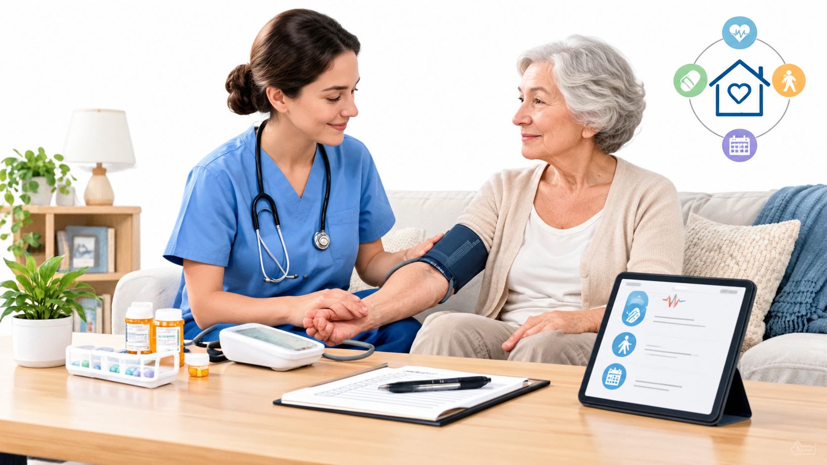 A female nurse in blue scrubs checking the blood pressure of an elderly woman sitting on a sofa.