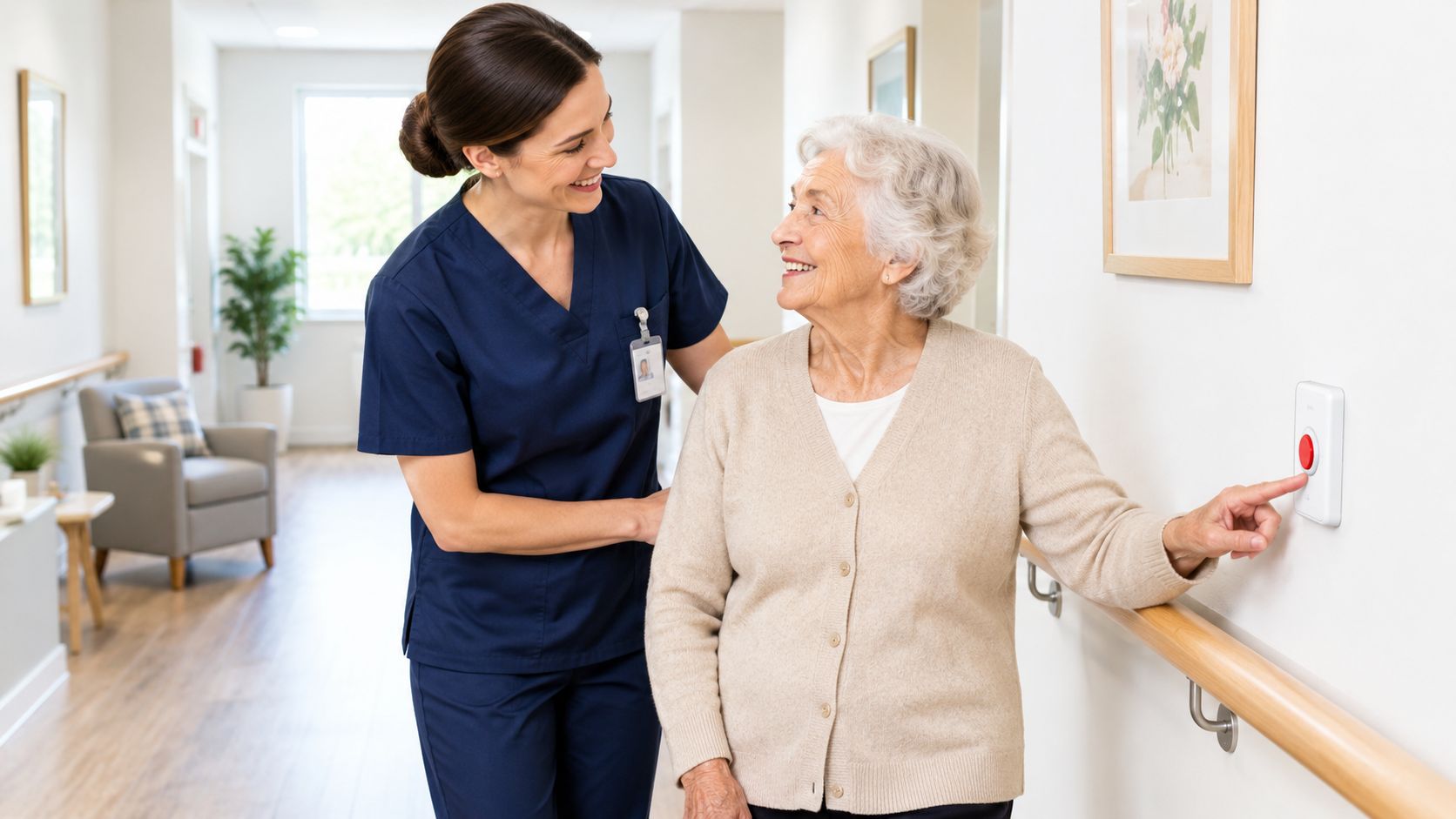 A smiling caregiver assists an elderly woman as she presses an emergency call button in a nursing home hallway.