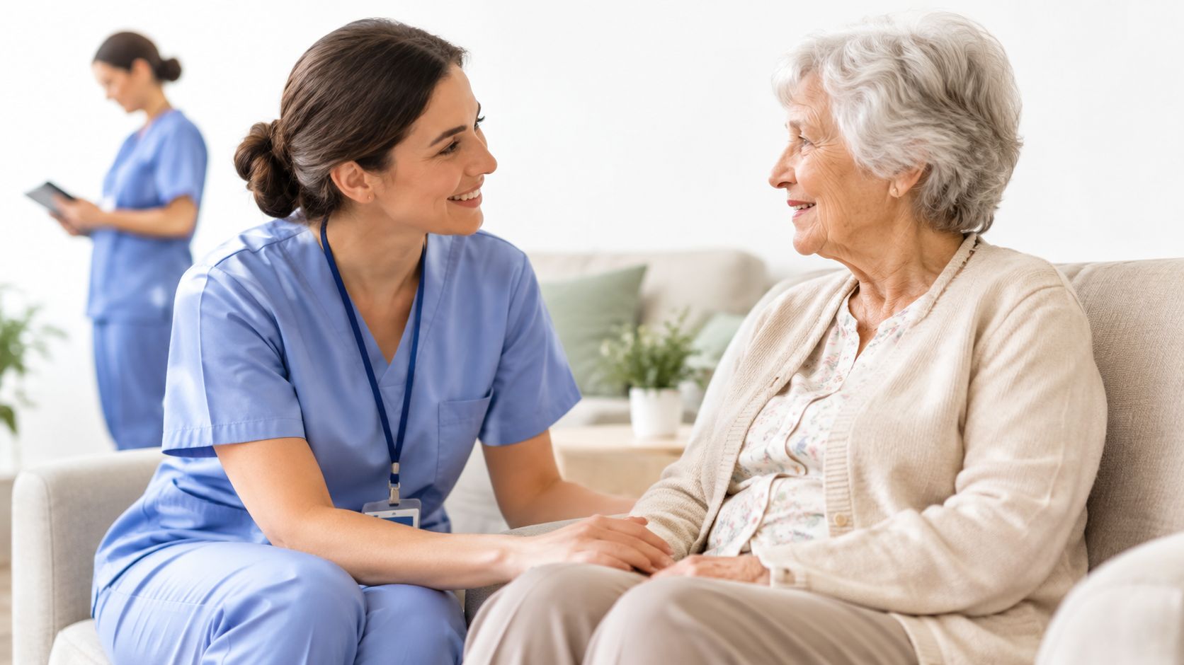 A friendly caregiver in blue scrubs holding the hand of an elderly woman during a home visit.