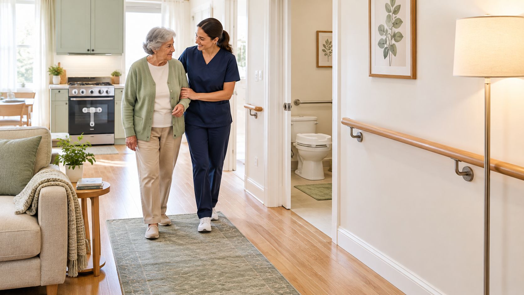 A professional caregiver assisting an elderly woman walking down a bright, accessible home hallway with handrails.