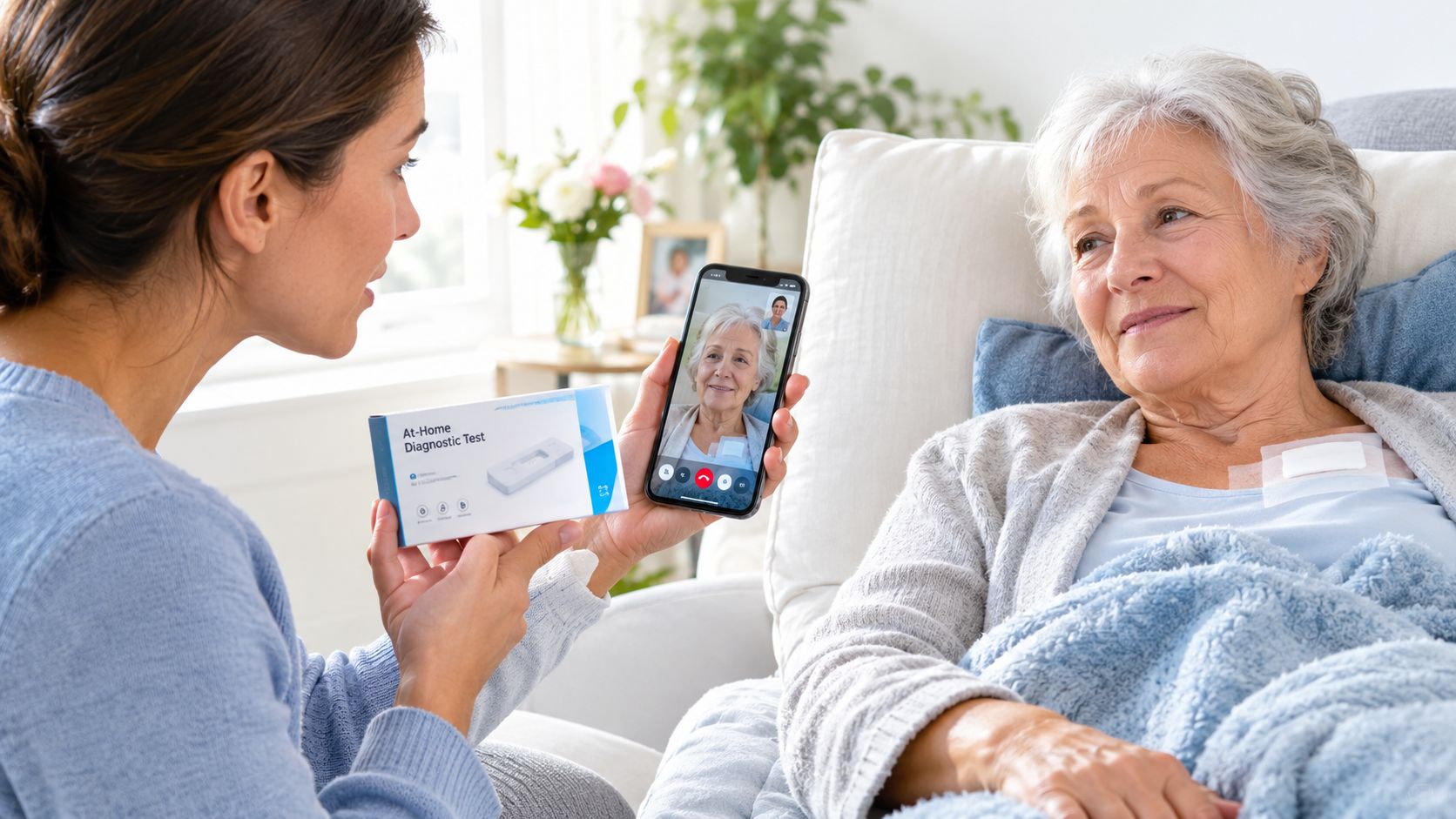 A caregiver discusses an at-home diagnostic test with an elderly woman via a video call on smartphone.
