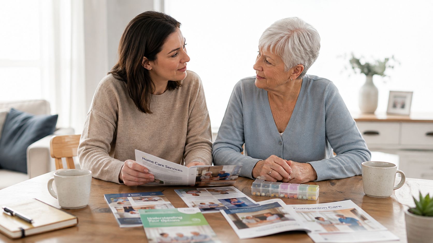 A younger woman consults with an elderly woman at a table while reviewing home care service brochures.