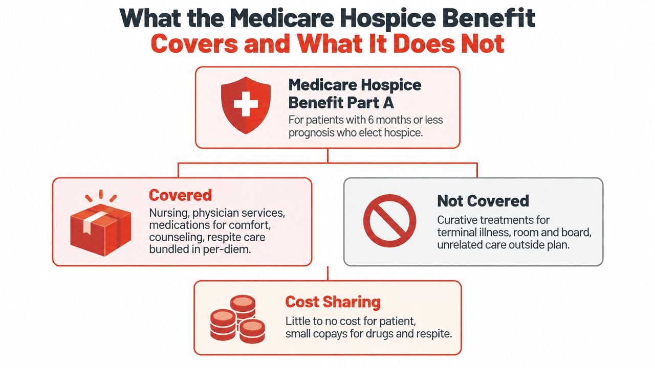A flowchart explaining what the Medicare Hospice Benefit Part A covers and what is not included.