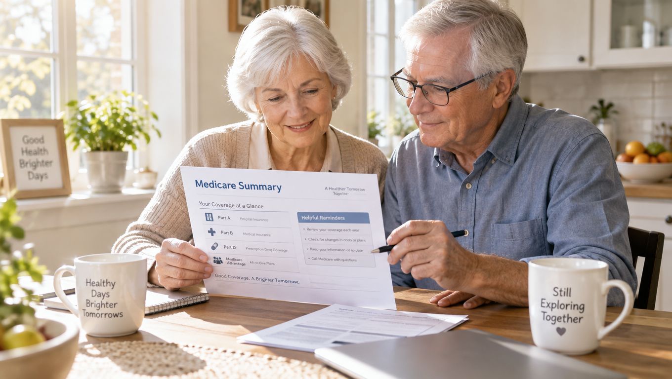 A happy senior couple sitting at a kitchen table while reviewing their Medicare insurance summary documents together.