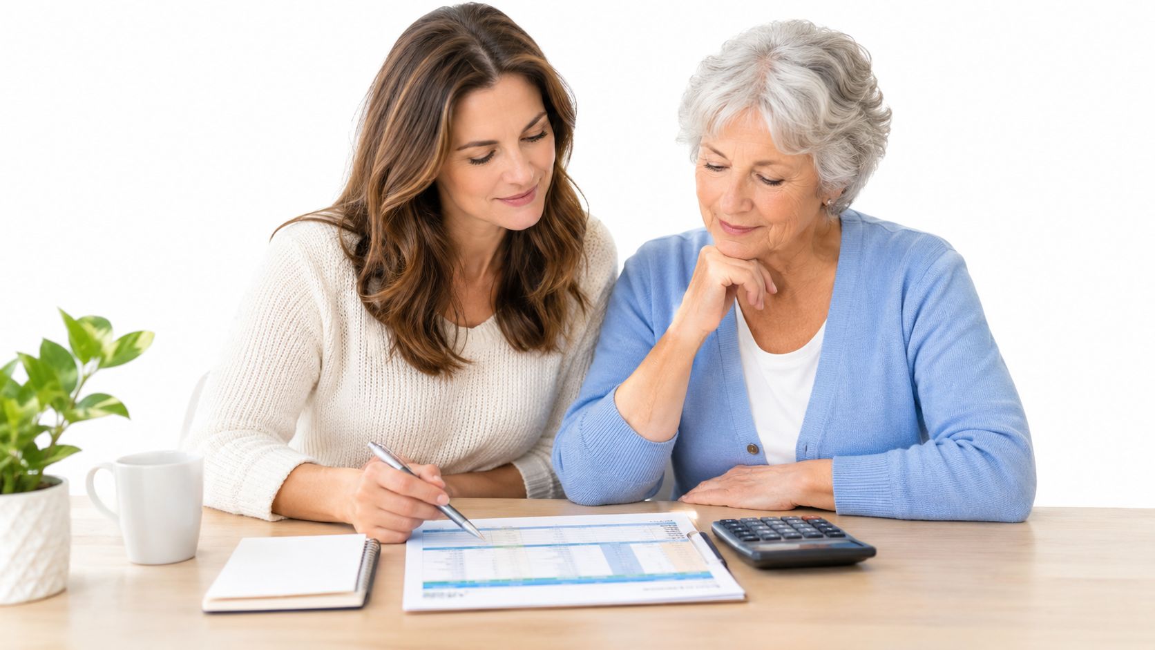 A woman helping an elderly senior woman review financial documents at a wooden table in an office.