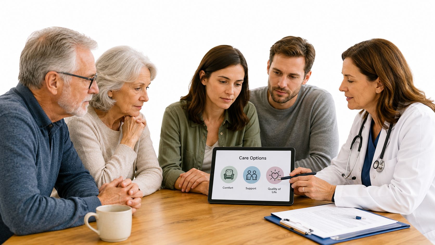 A female doctor discusses care options on a tablet with an elderly couple and their adult children.
