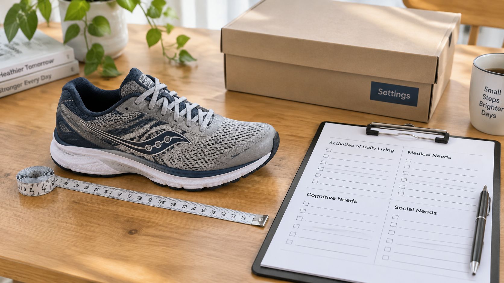 A running shoe, a measuring tape, and a care planning checklist on a wooden office desk.