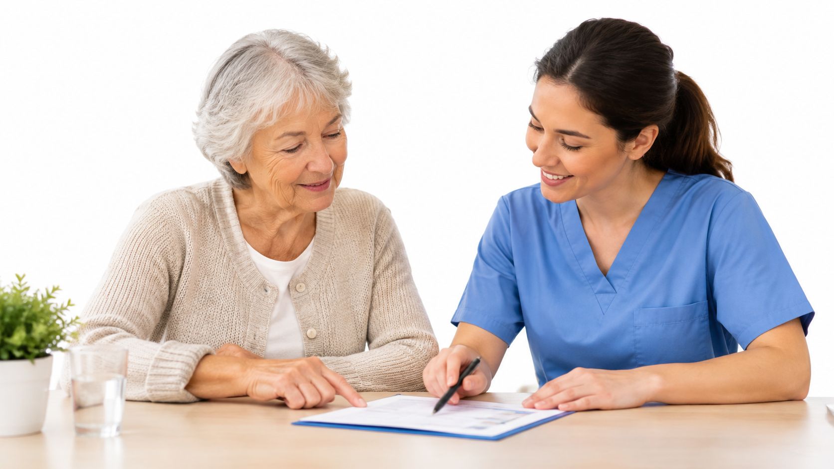 A friendly caregiver in blue scrubs helps an elderly woman review and sign important medical paperwork.