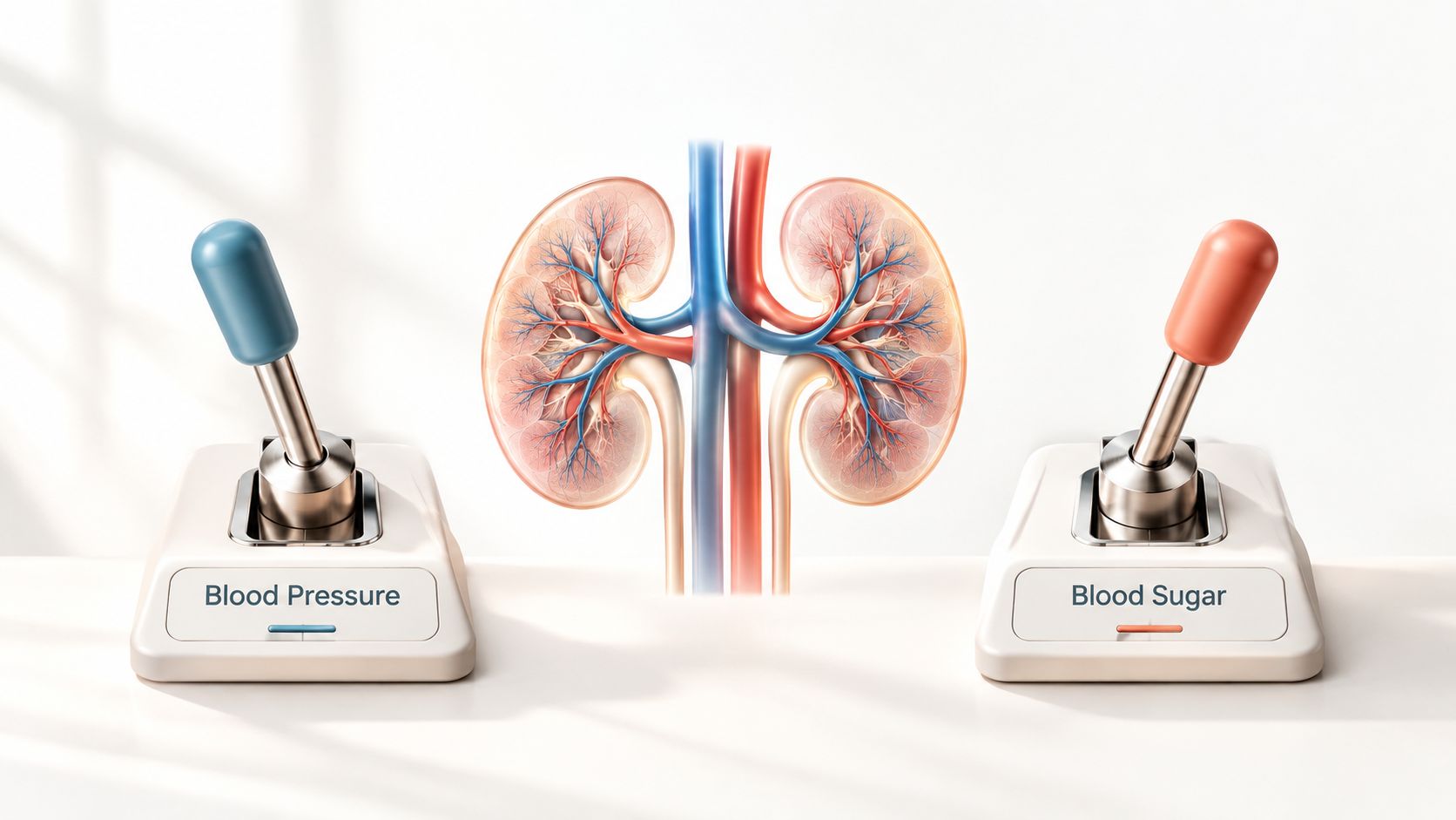 Conceptual illustration showing human kidneys being controlled by levers labeled for blood pressure and blood sugar management.