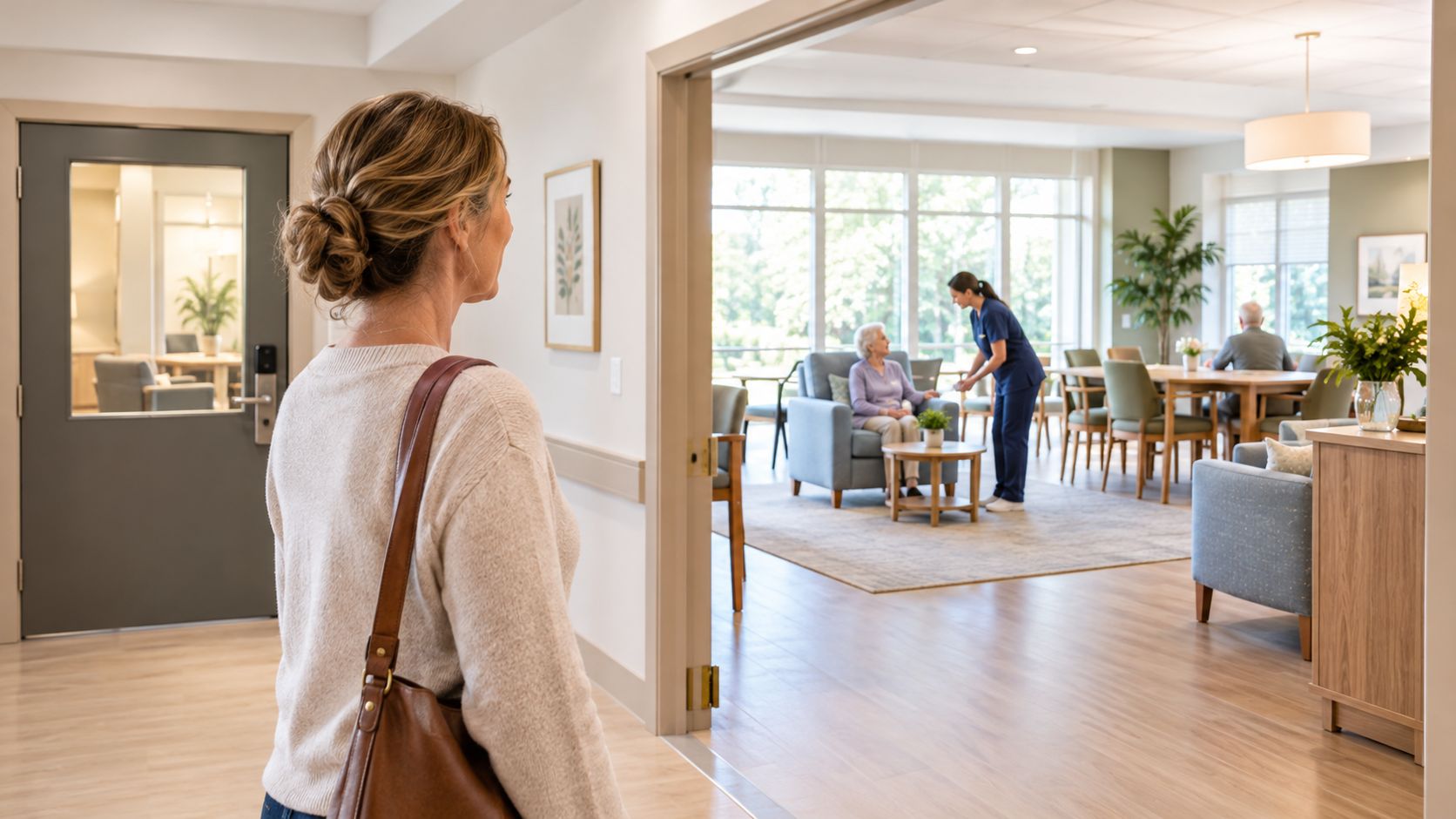 A woman looks into a bright, welcoming memory care common area where a nurse assists an elderly resident.