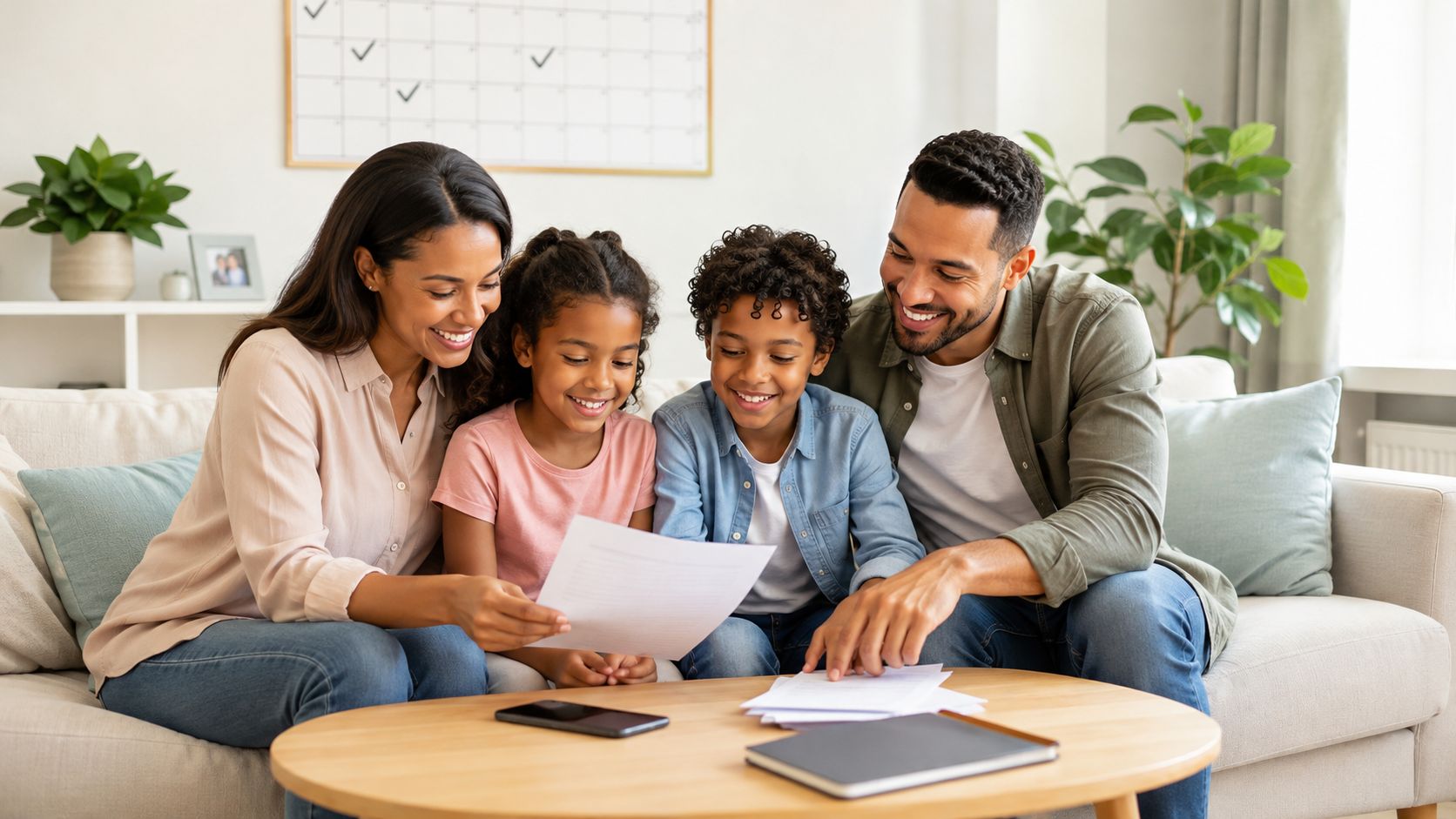 A happy family of four sitting on a couch reviewing important paperwork together in their living room.