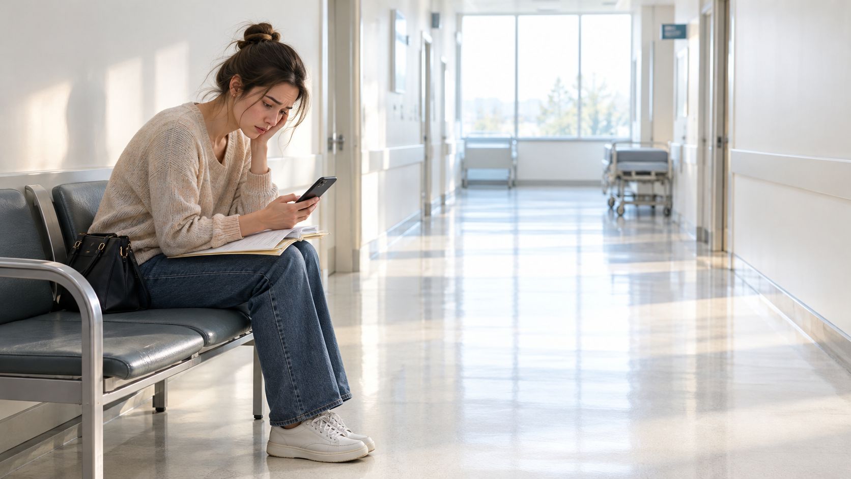 A worried young woman sitting on a waiting room bench in a hospital holding a mobile phone.