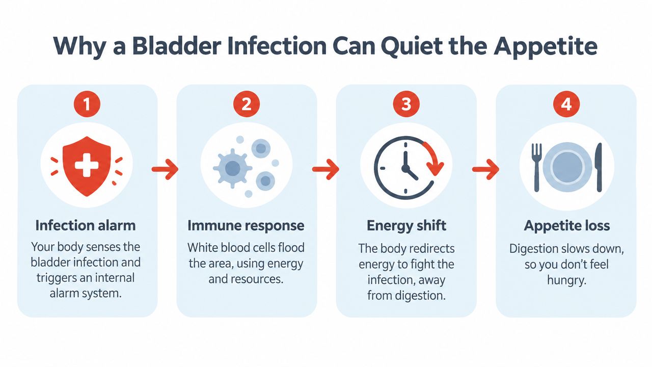 A four-step diagram explaining why a bladder infection causes a loss of appetite in the body.