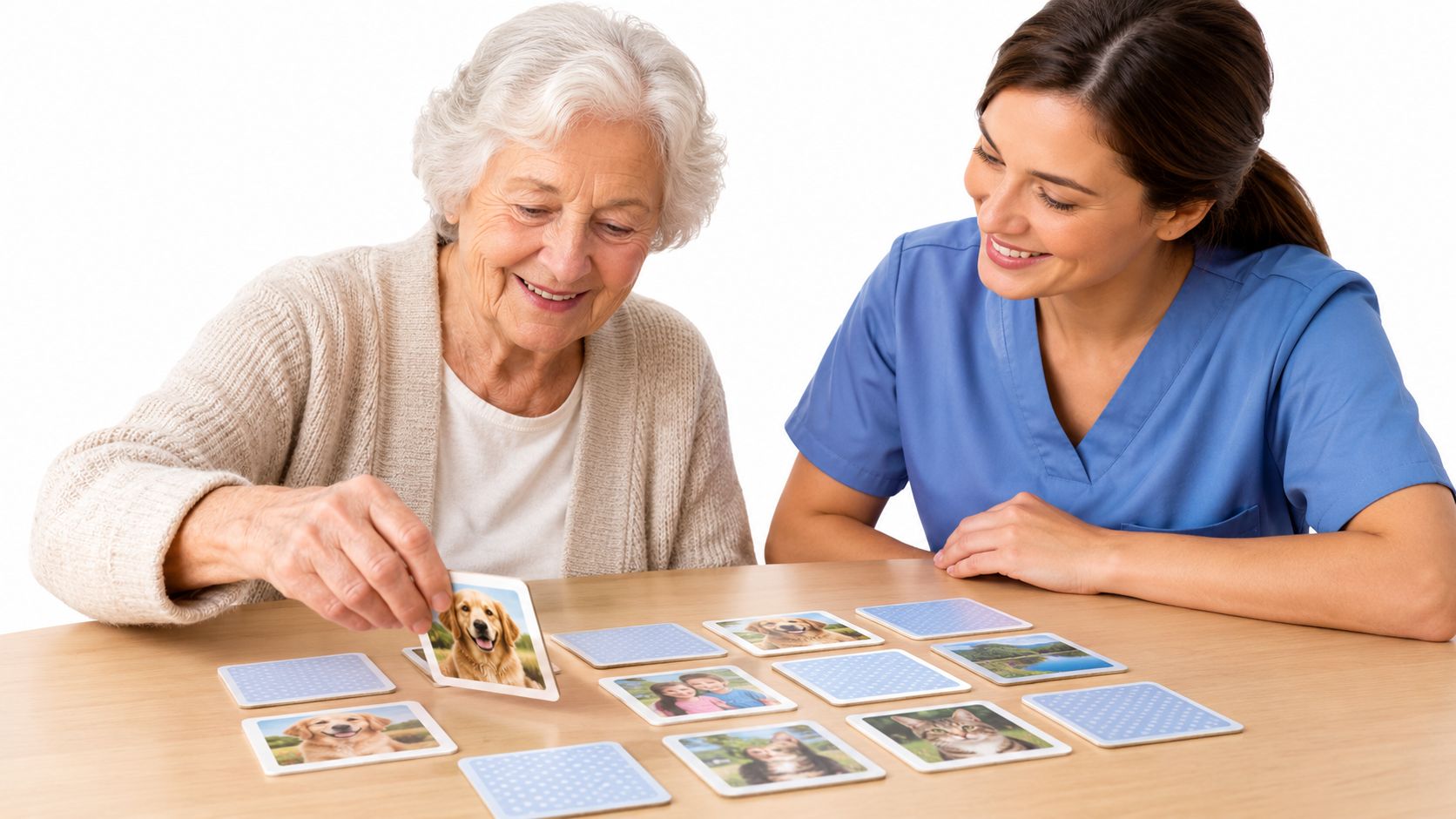 A kind caregiver plays a card matching game with an elderly woman at a wooden table.