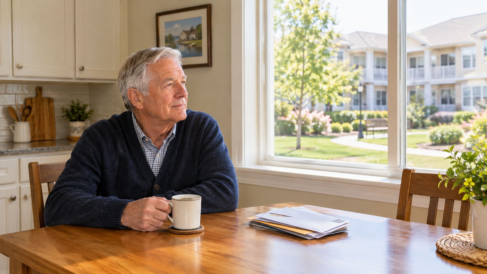 An elderly man sitting at a wooden table with coffee, looking thoughtfully out a window in a bright home.