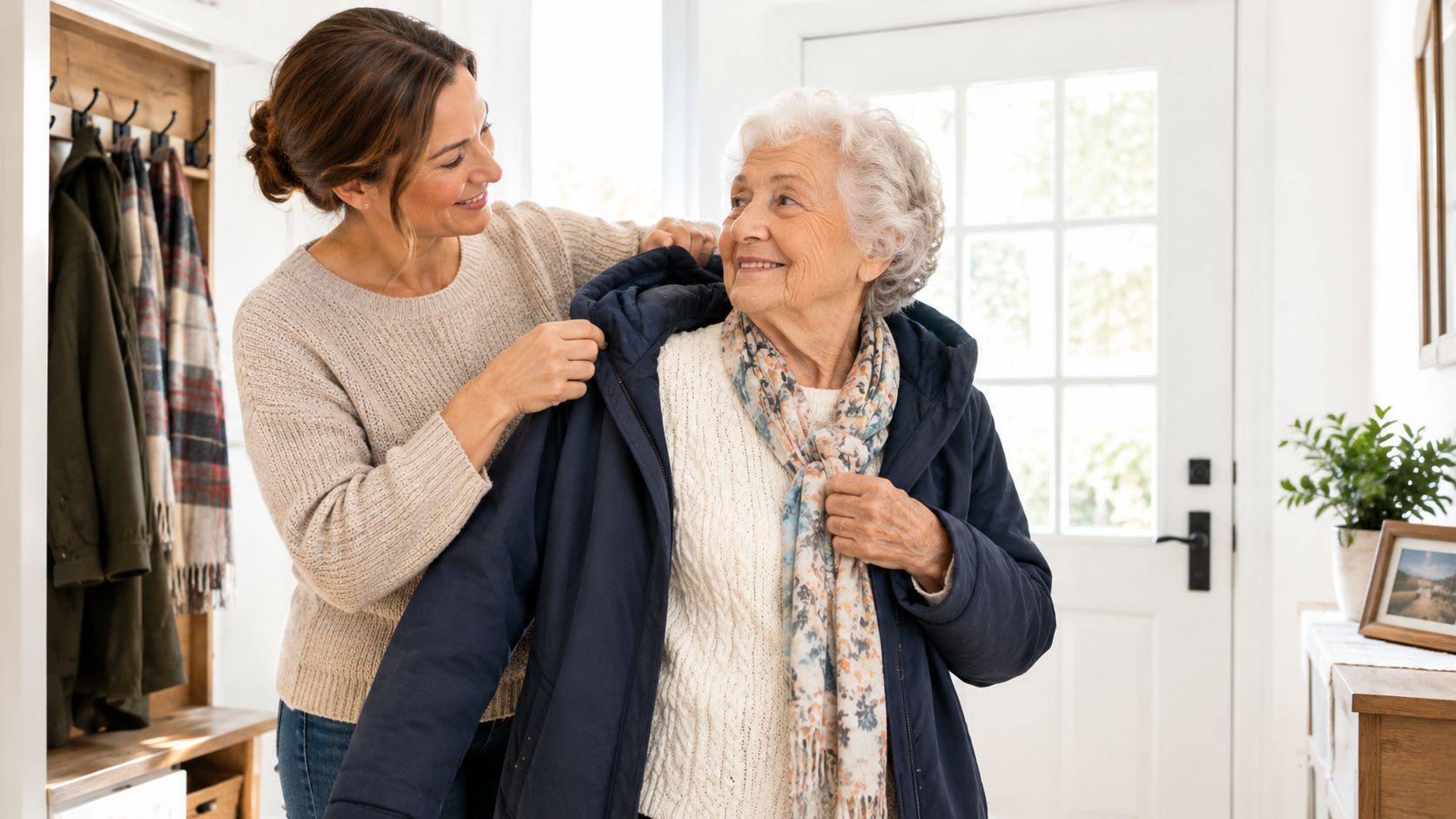A caring caregiver helps an elderly woman put on her winter coat before going outside together.