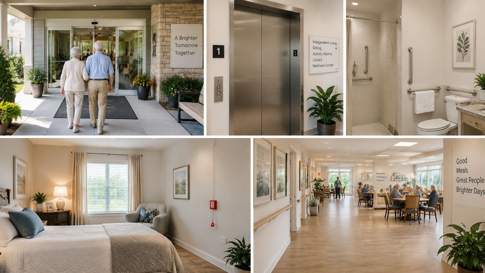 A collage showing comfortable independent living facilities, including entrance, accessible bathroom, private bedroom, and shared community dining area.