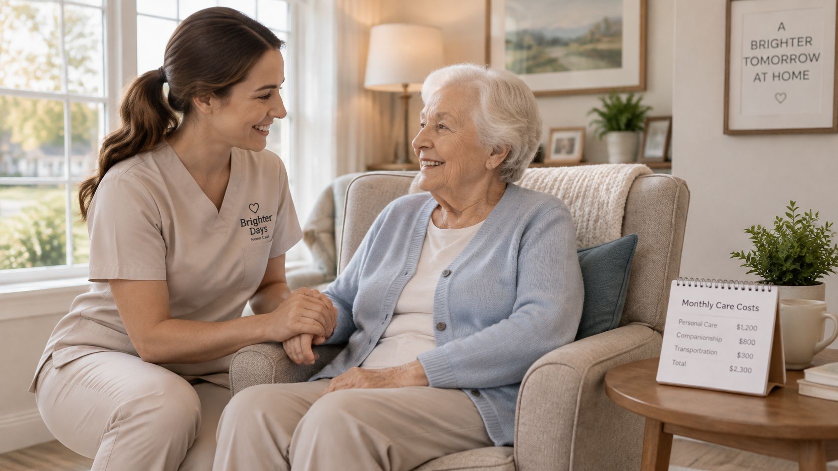 A friendly caregiver smiling while holding the hand of an elderly woman sitting in a chair.