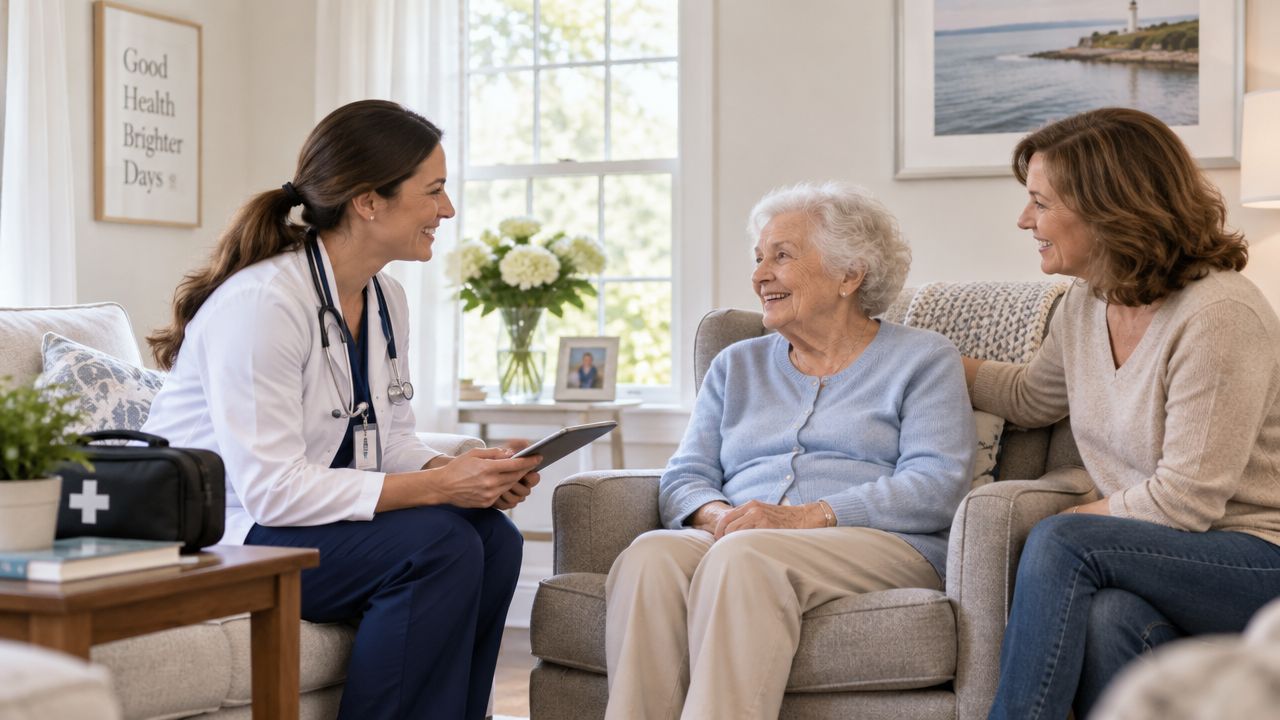 A female doctor with a stethoscope consults with an elderly woman and her daughter in a living room.