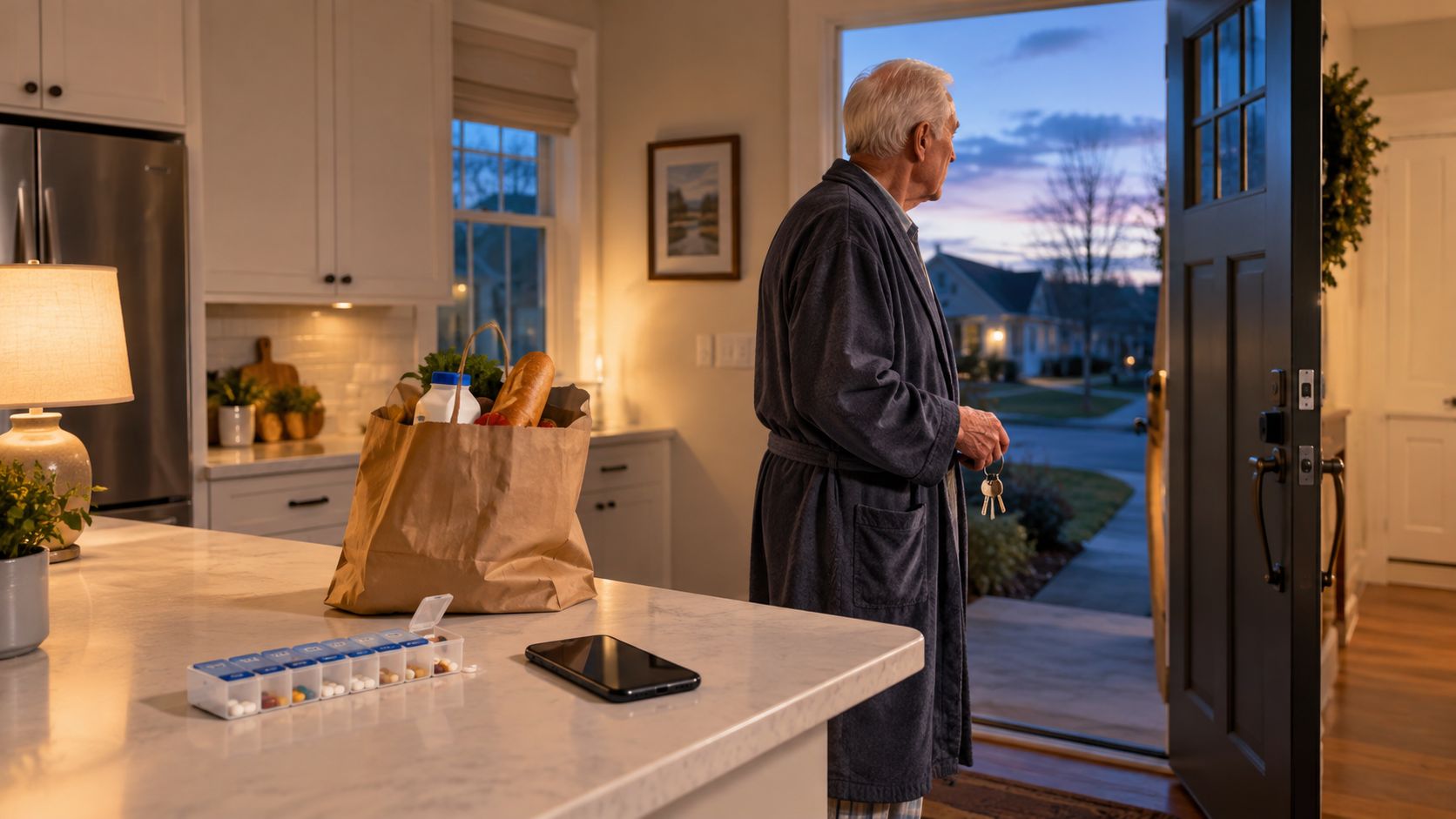 An elderly man in a bathrobe stands at his front door holding keys in a home setting.