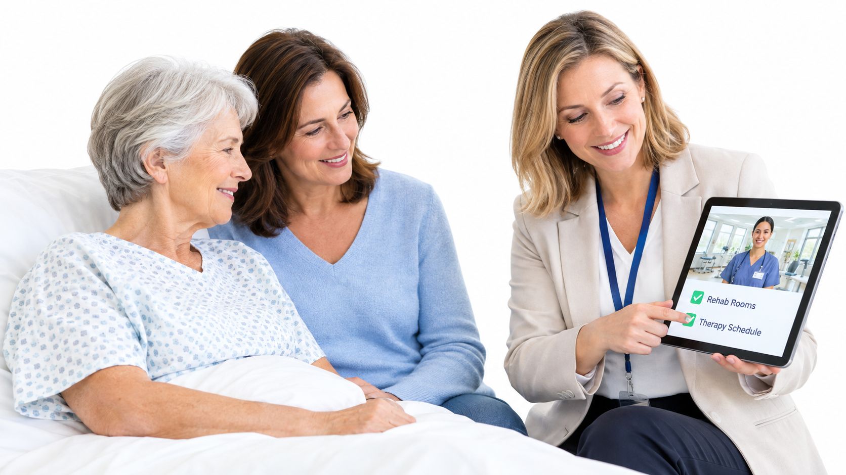 A professional nursing home staff member displays rehab and therapy options on a tablet to an elderly patient.