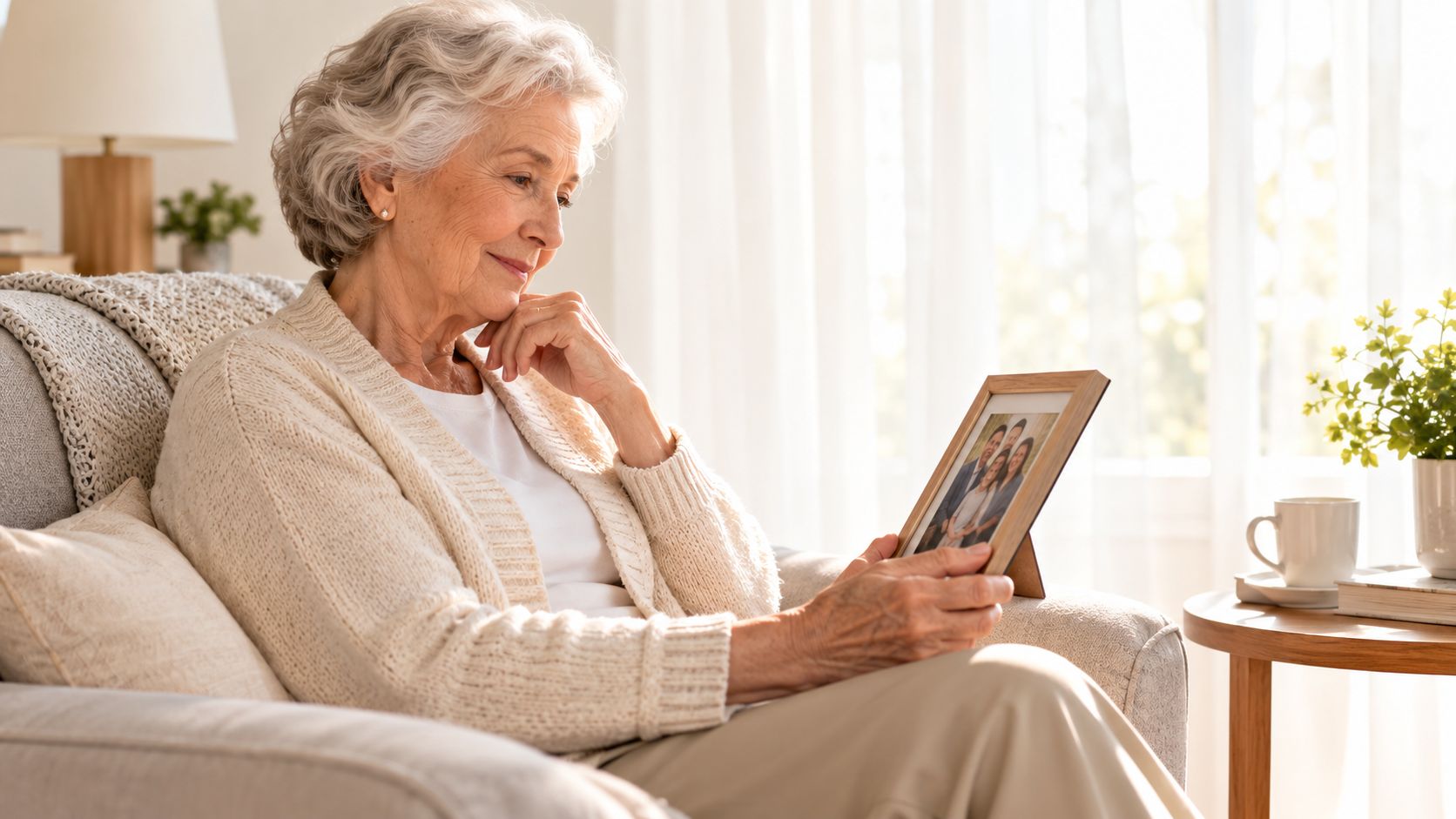 An elderly woman sitting in a cozy armchair holding a framed family photograph, feeling nostalgic and happy.