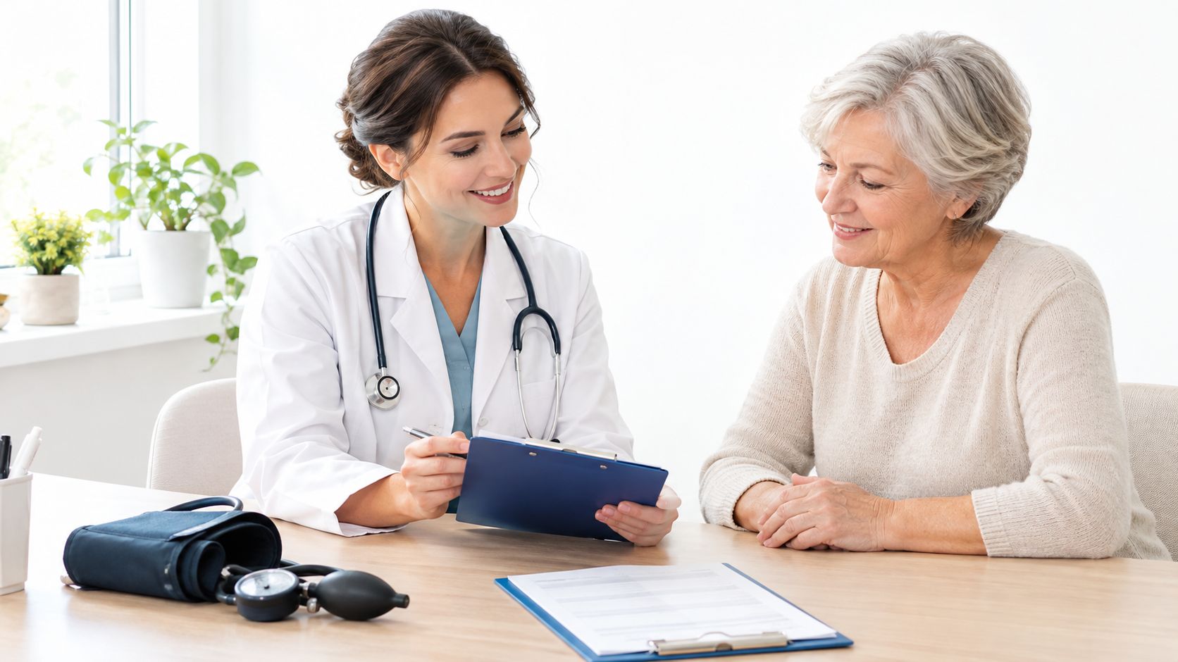 A friendly female doctor smiling while discussing medical information with an elderly patient during a consultation.